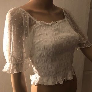 Crop Top with Medium Lace Puffy Sleeves, White Summer Light Weight